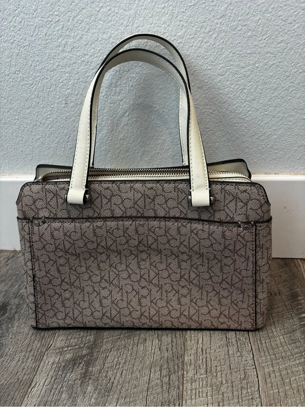Calvin Klein Cream and Brown Logo-Print Satchel